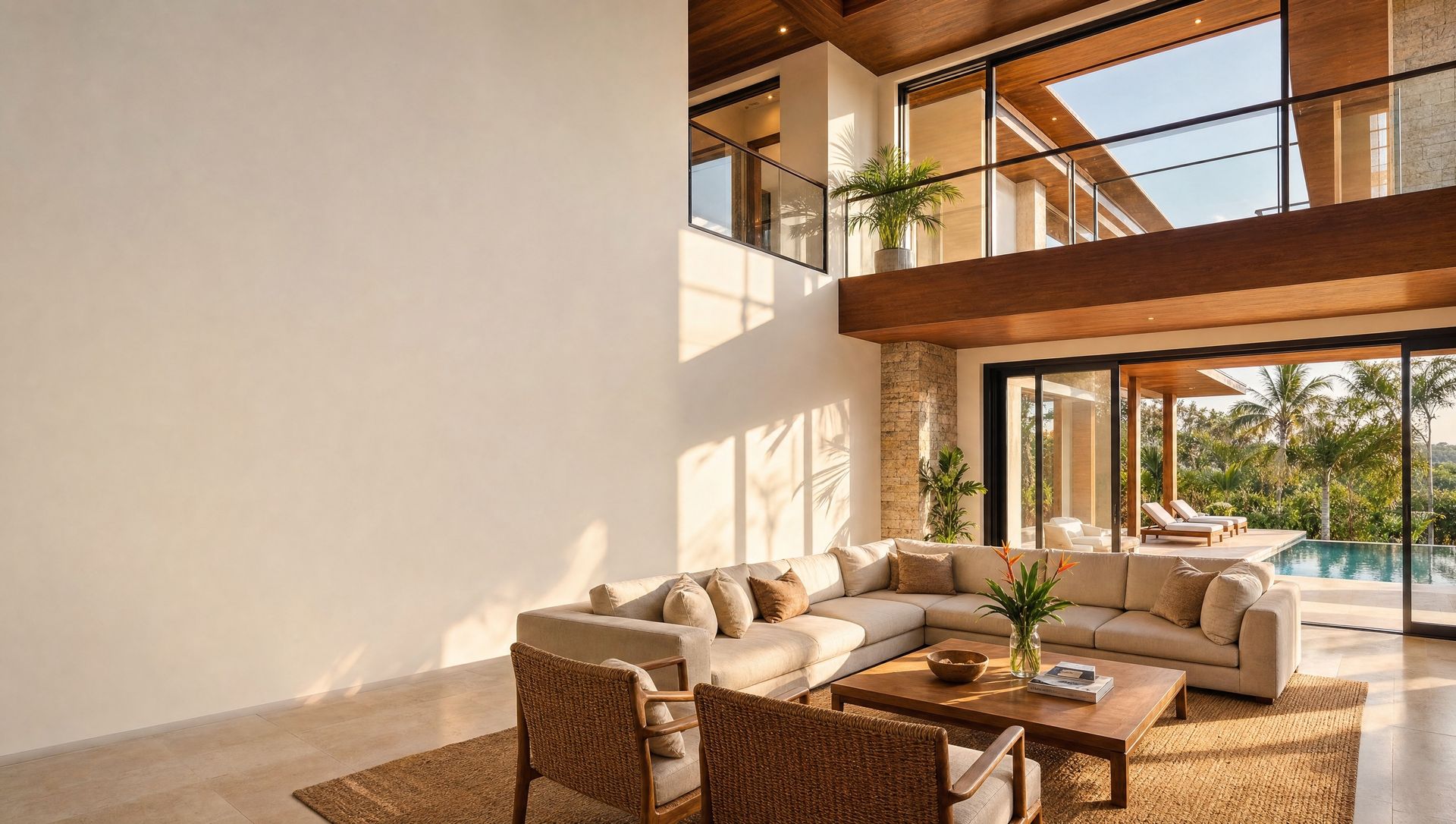 Sala interior moderna con puertas de vidrio hacia el patio